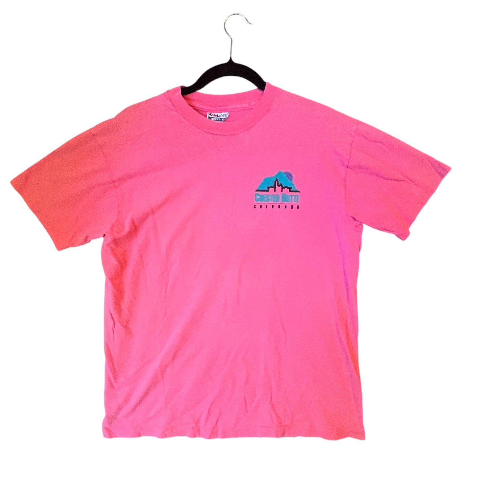 Hanes Beefy T Shirt L Pink Crested Butte Colorado Ski Vtg 90s USA Single Stitch