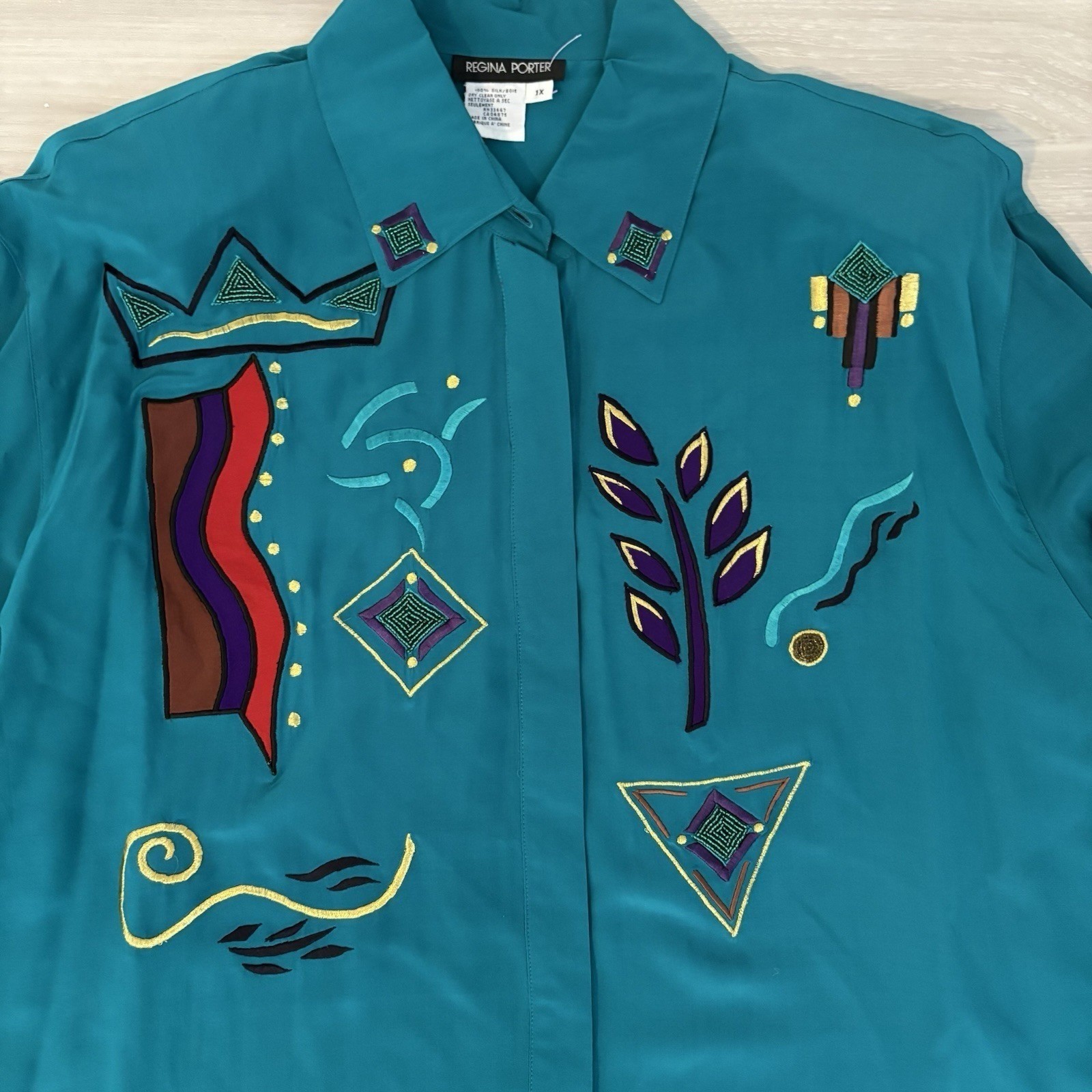 Regina Porter Womens Blouse Vintage 100% Silk Teal Abstract Embroidered Size 1X