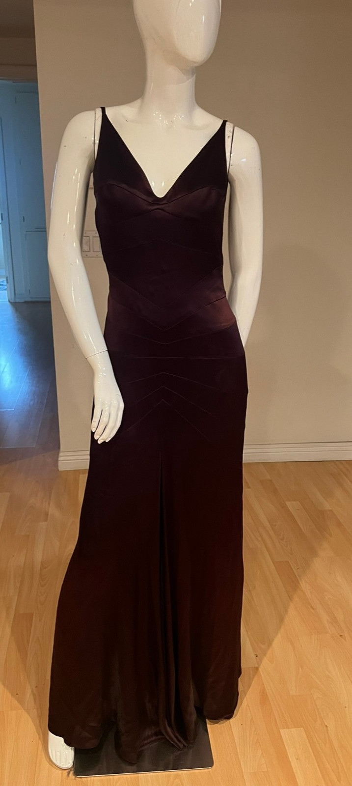 90’S VINTAGE SOPHIE SITBON SATIN CUT OUT BACK MAXI GOWN SZ 40 / 8 US EGGPLANT