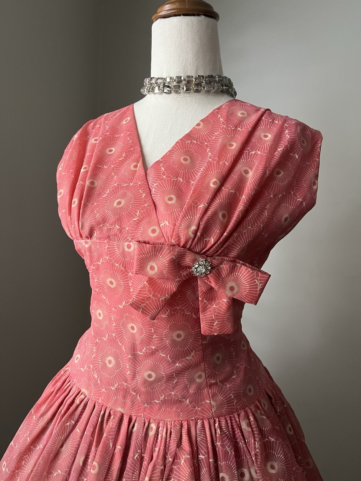 Vintage 1950s Coral Pink pattern double layer Tea Dress | Rhinestone Bow Details