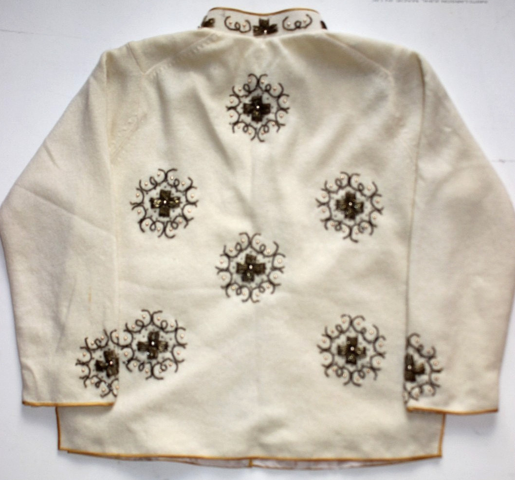 Vtg 60s Beaded Sweater Cardigan Mandarin Collar sz 4 Ivory Gold Bronze has flaws