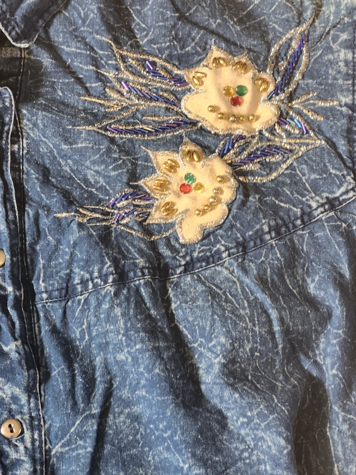 Vintage 80s Skirt and Top Denim Set Western Style w/ Multicolored Beads Snow Blu