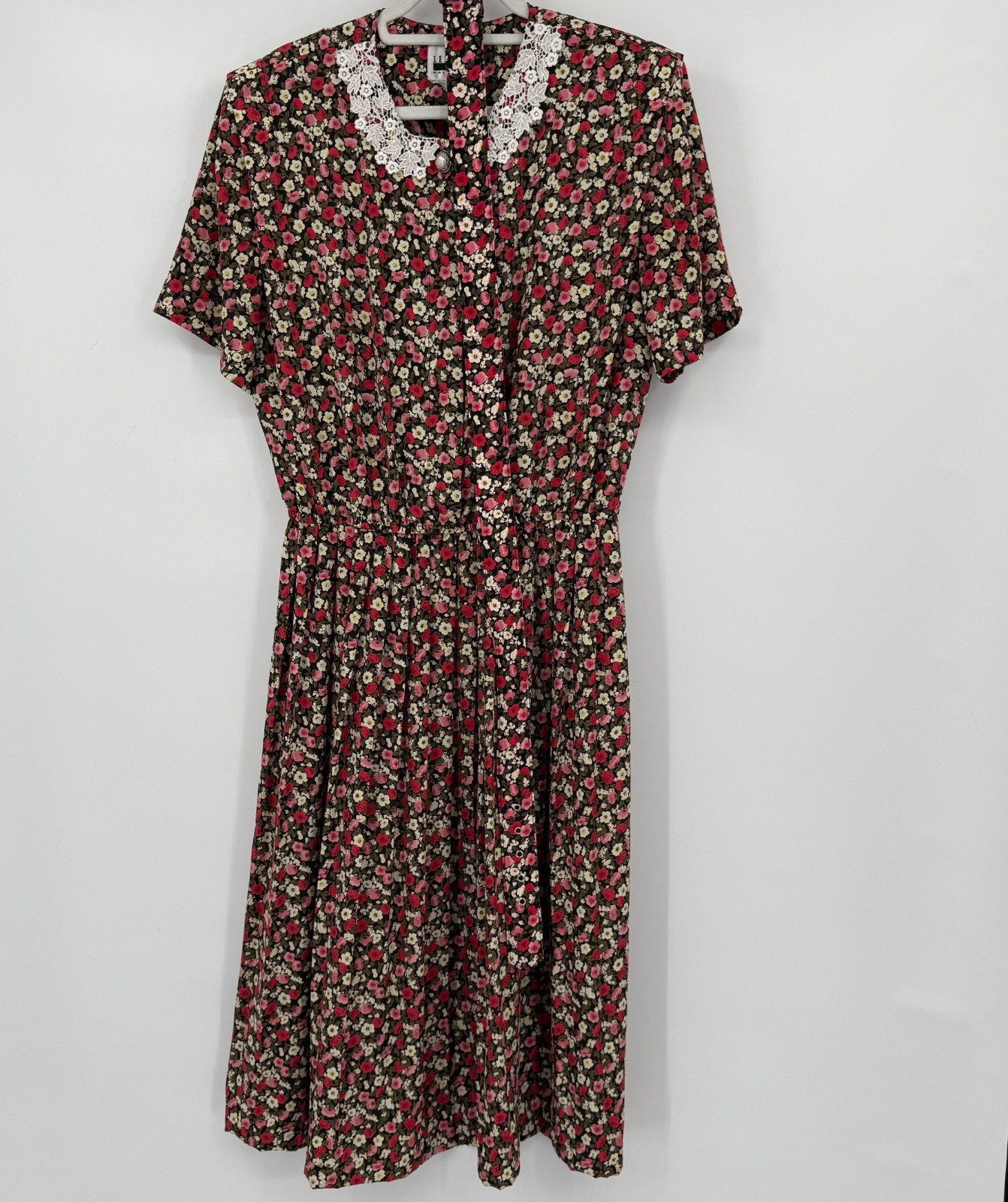 VTG Leslie Fay Midi Dresses Womens 8 Prairie Cottagecore Lace Collar Midi Belted