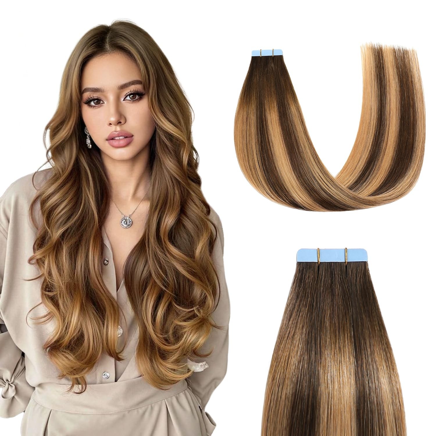 Sunya Tape in Hair Extensions Human Hair Balayage Chocolate Brown to Caramel Blo