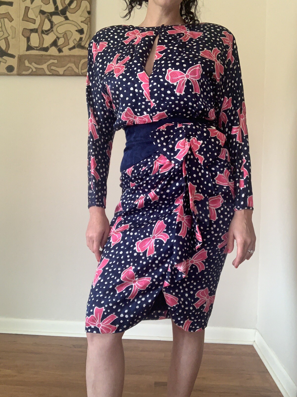 Vintage AJ BARI Silk Dress Size 8 With Pink Bows Medium