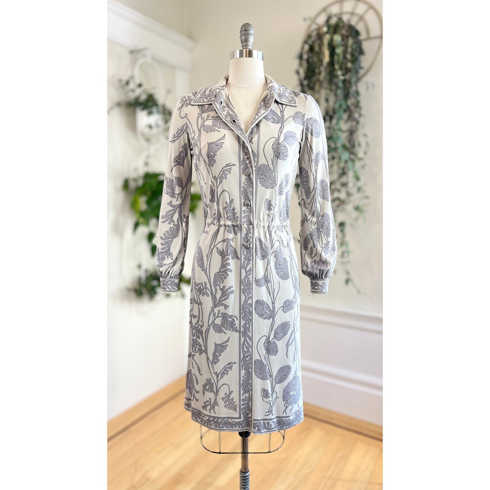 Vintage 1960s EMILIO PUCCI Dress 60s Silk Jersey Floral Leaves Shirtwaist Sheath