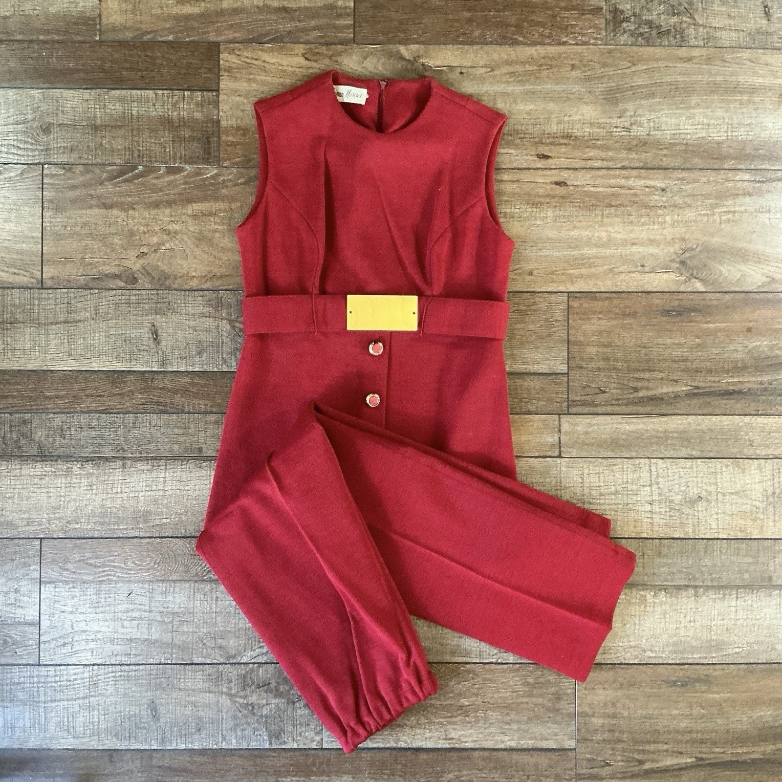 60s VINTAGE Neiman Marcus Red 2-Pc Tunic Belt Pants Set Size XS Gold #36D4