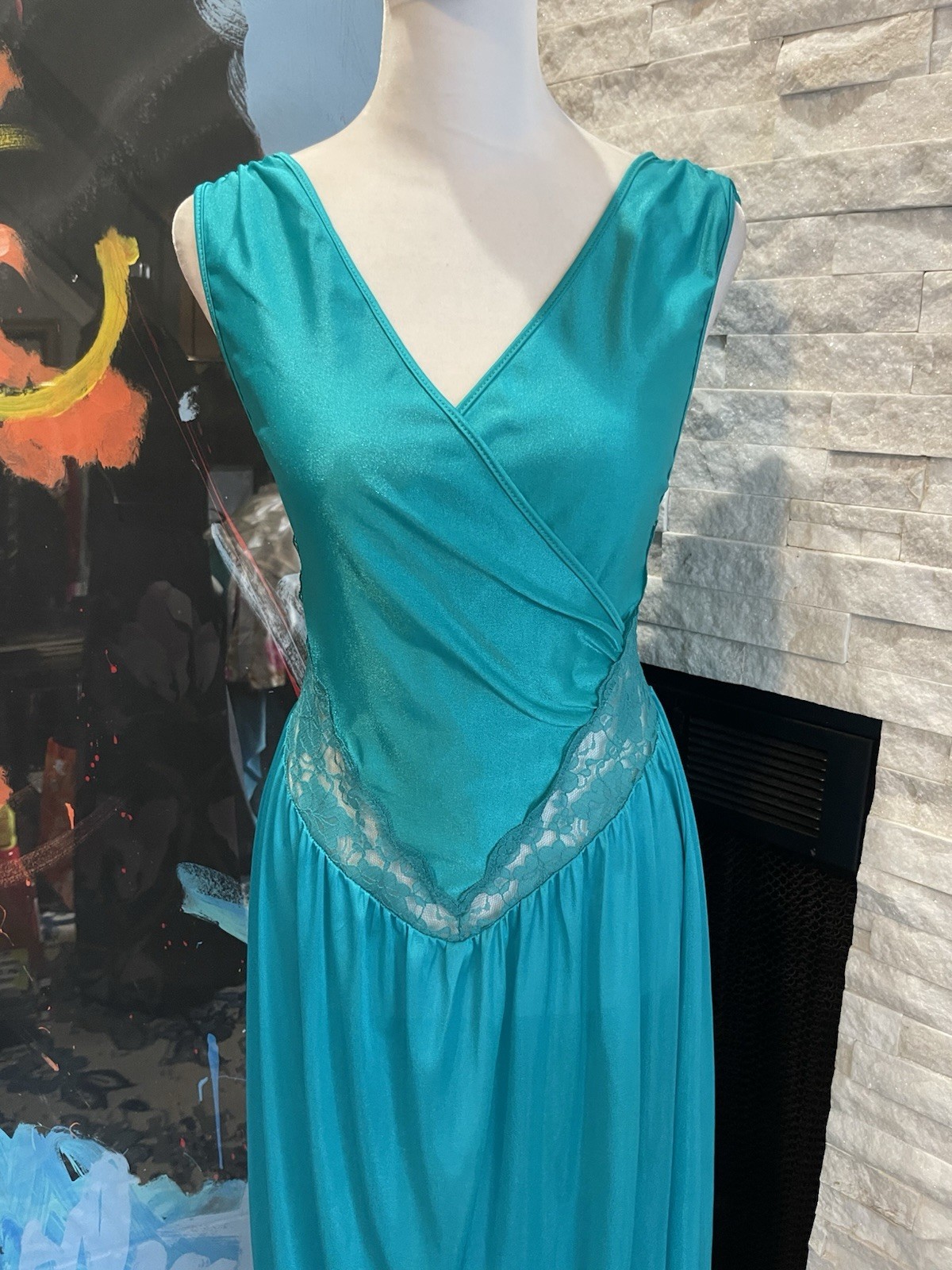 VTG Adonna Teal V Neck Nylon And Lace Silky Night Gown Lingerie Size Medium