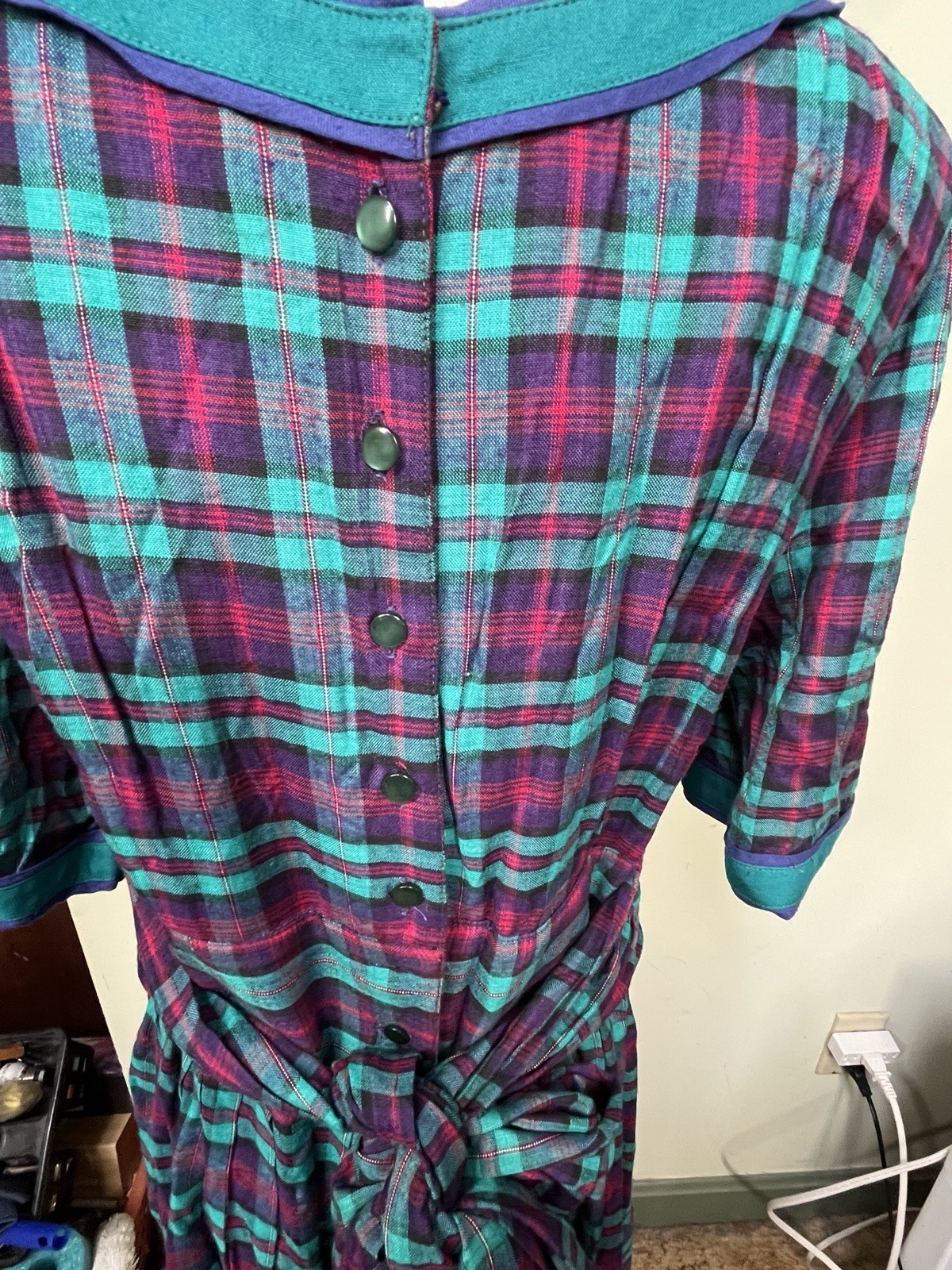 Vintage Sarah Elizabeth Womens Size 12 Pintuck Plaid Rayon Maxi Dress Milkmaid