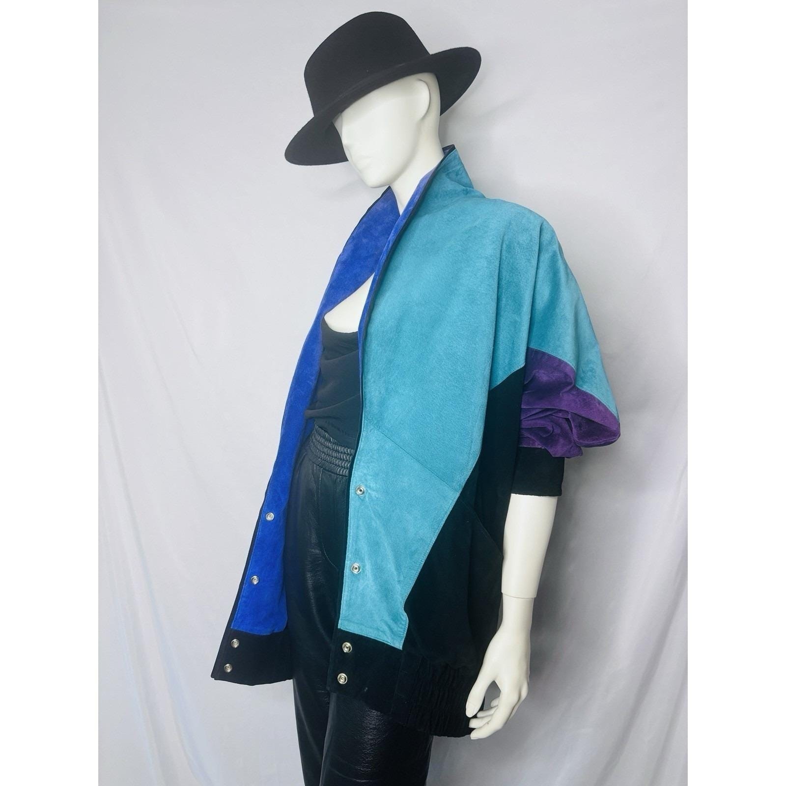Rare Vintage Mary Hoffman Black, Teal, Purple Suede Color Block Suede Jacket M