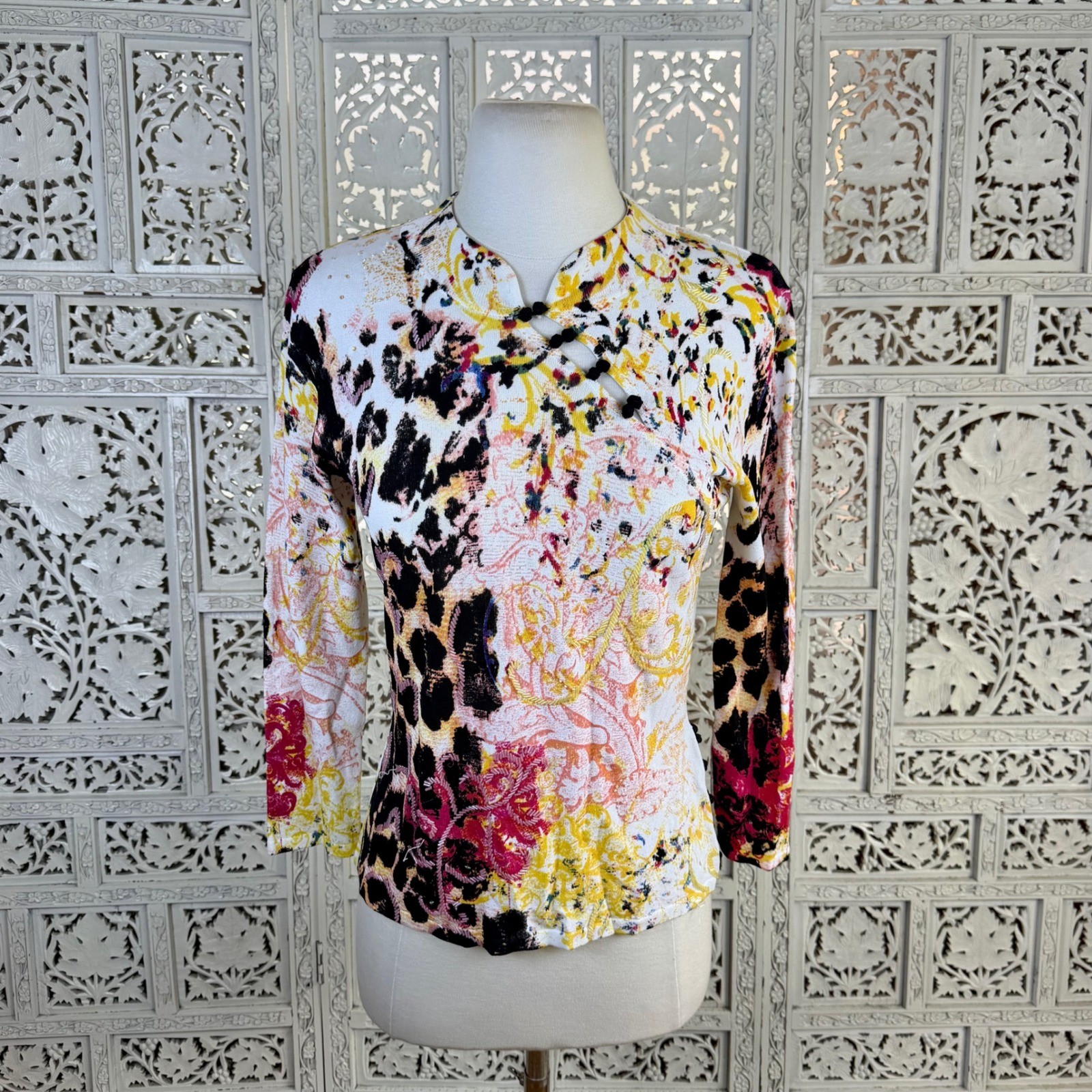 Y2K Alberto Makali Euro Graphic Beaded Blouse Sz Medium Mandarin Style Artsy