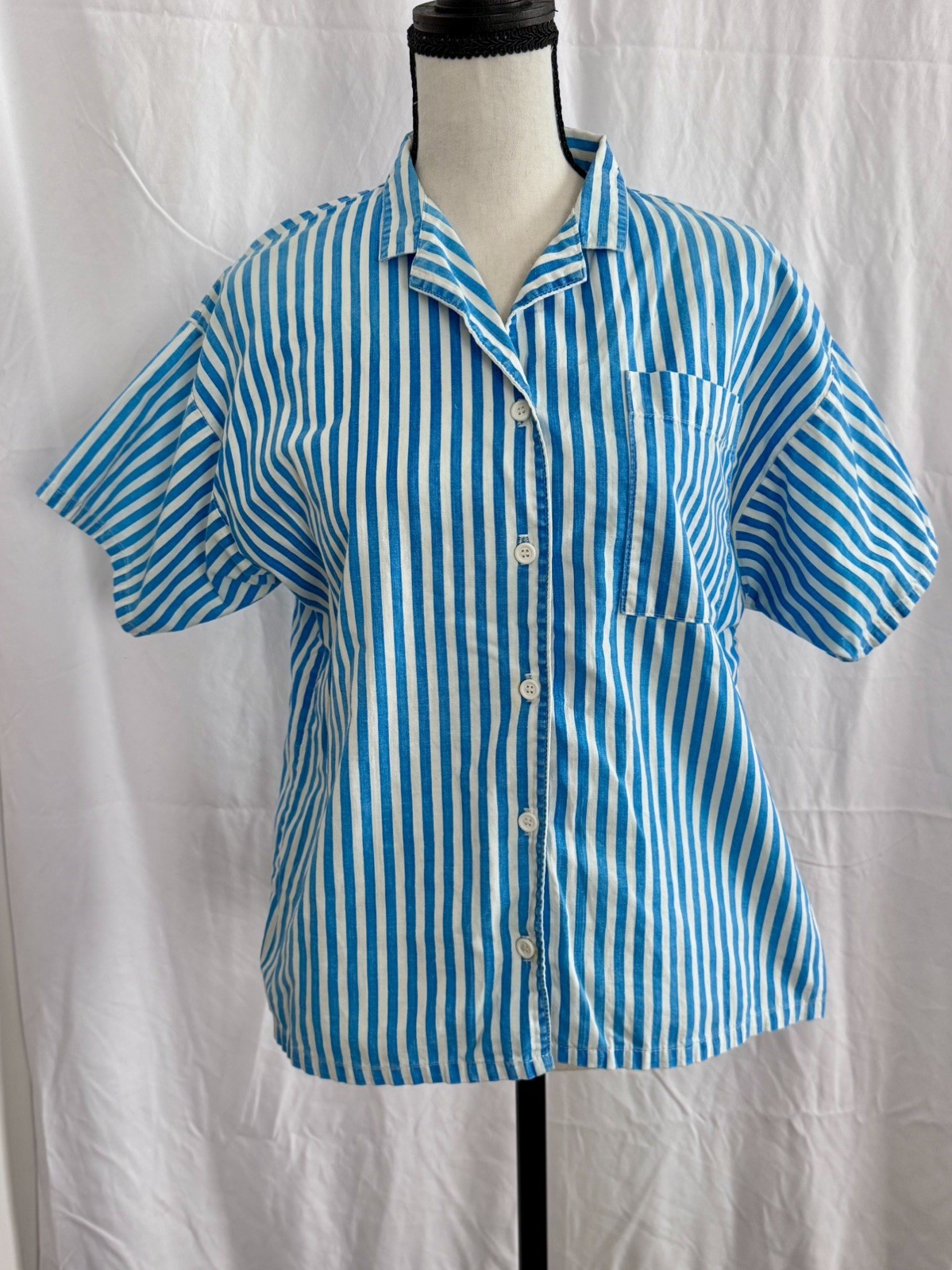 1980’s Vintage Women’s Blue and White Striped Button Up by Essentials