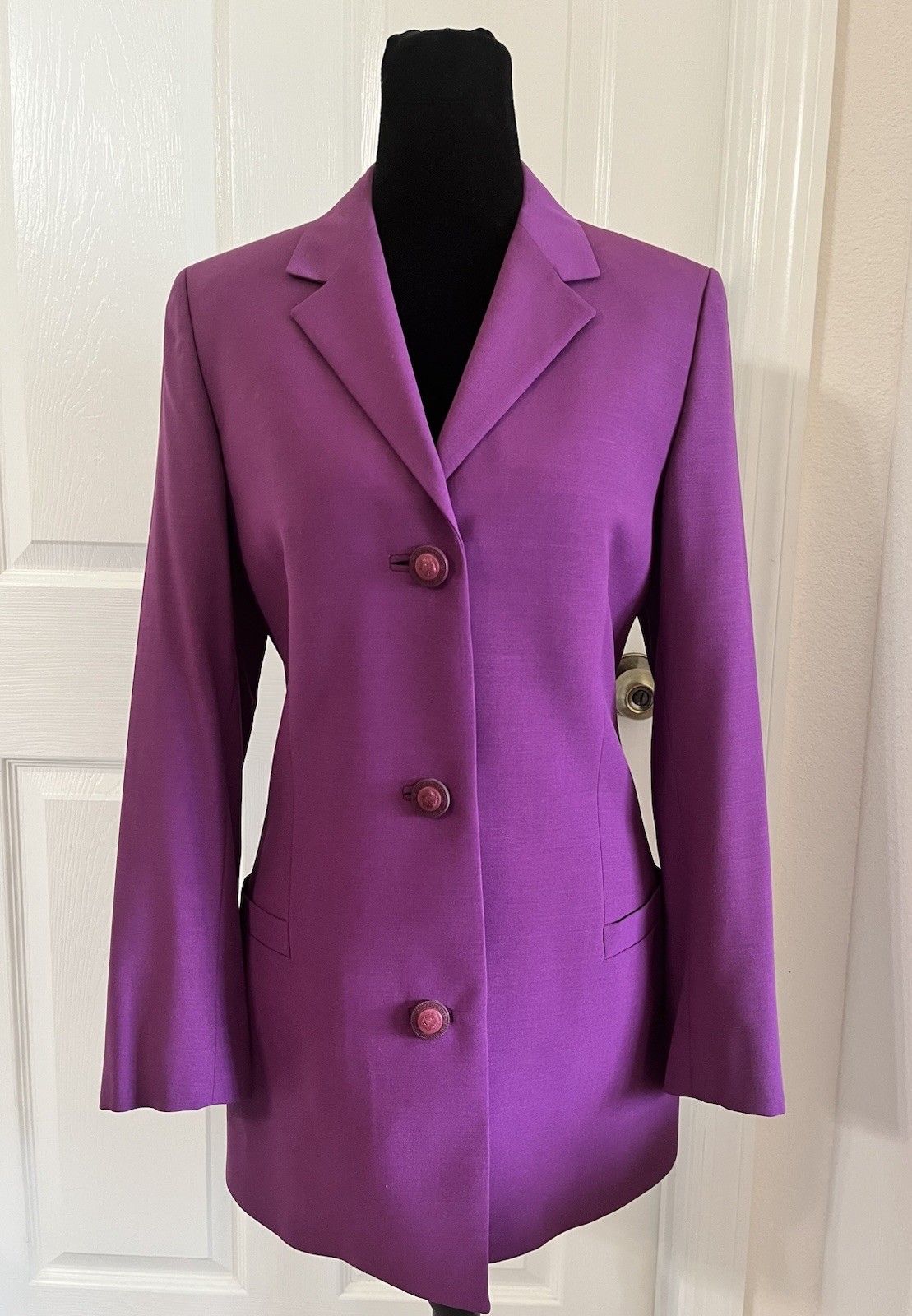 Vintage GIANNI VERSACE Couture Purple Wool Jacket With Medusa Buttons, Size 40