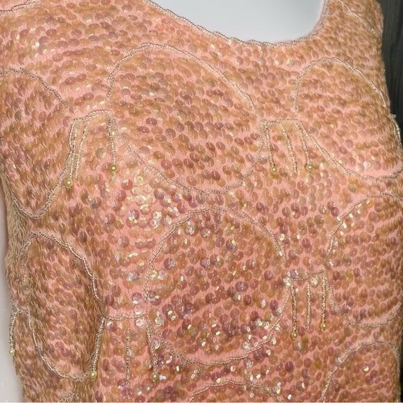 Vintage 1960s pink beaded sequin tassel fringe silk shirt barbie core sleeveless