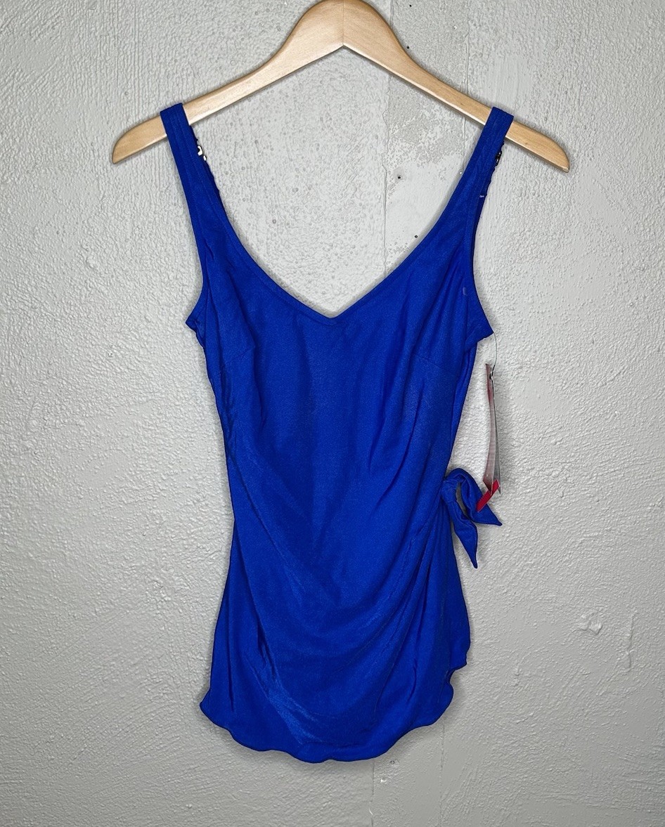 Vintage Roxanne Sapphire One Piece V Neck Swimsuit Side Tie Early 1980s 36B NWT
