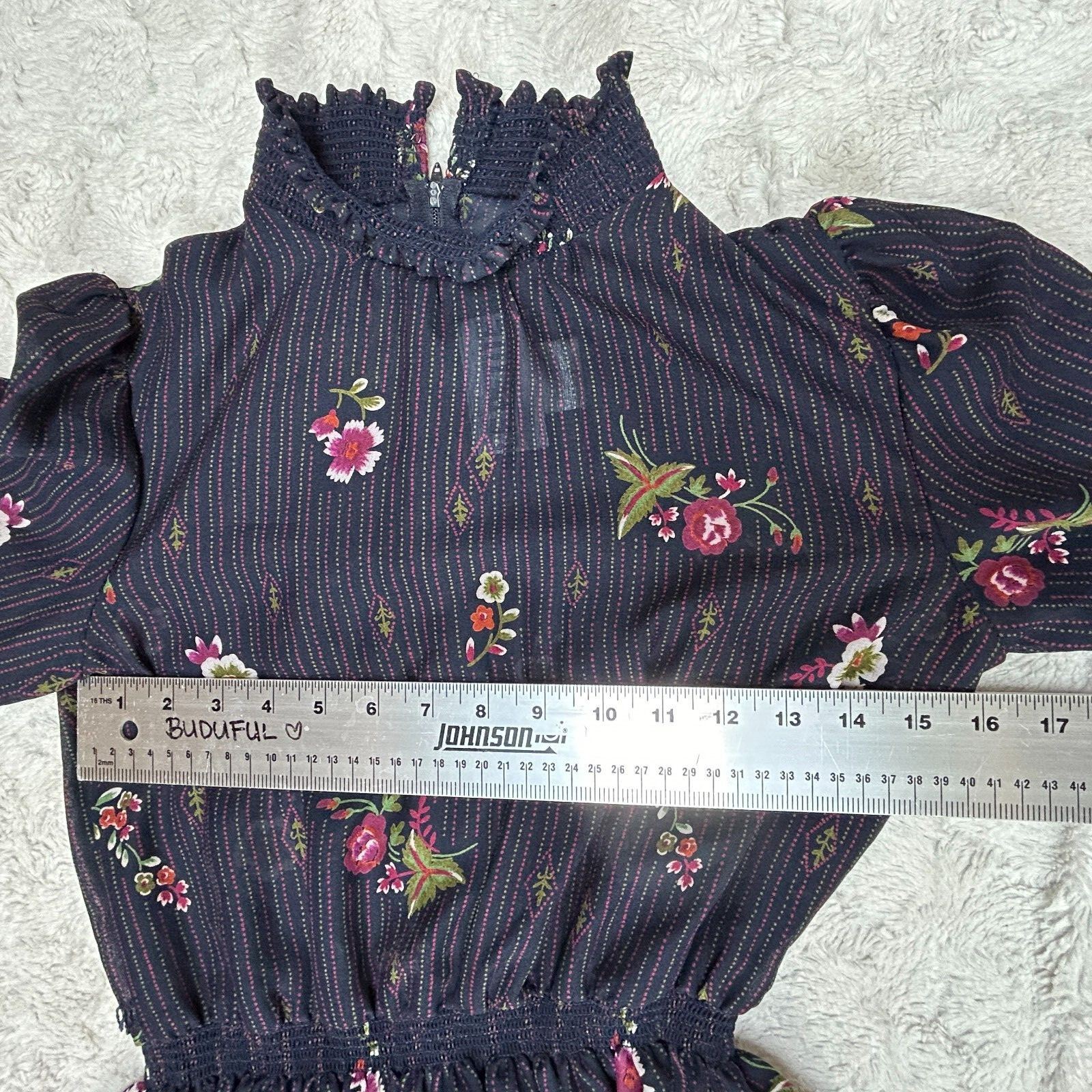 LF Petite Vintage Union Made Floral Print Mock Neck Ruffle Dress Size 6 Navy