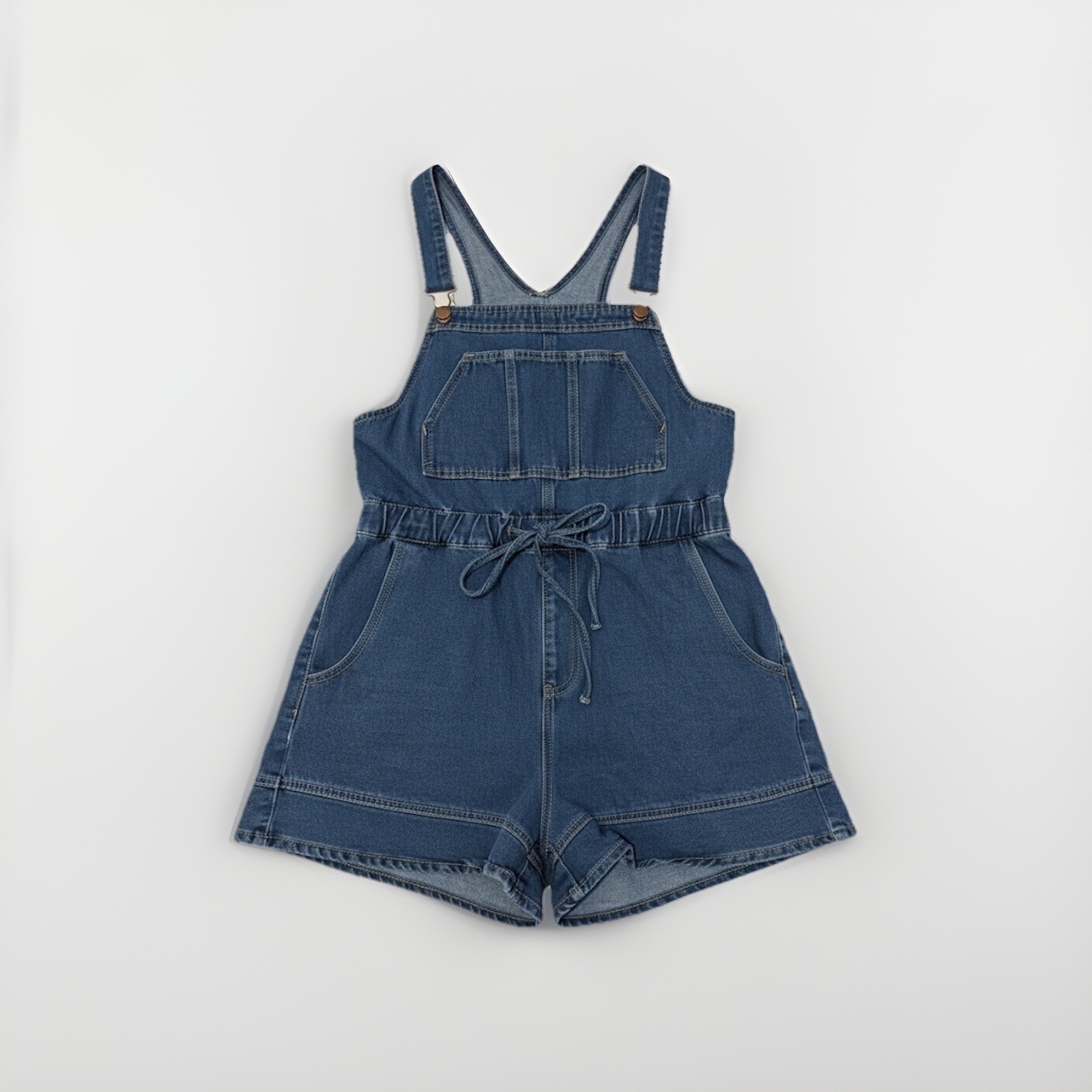 Denim Medium Wash Blue Denim Overall Romper Sz M Backless Smocked Waist Boho
