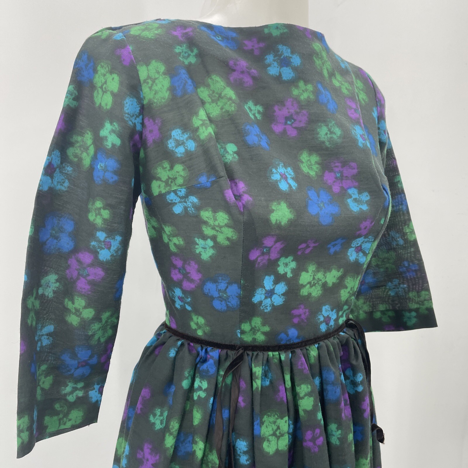 Vintage Mindy Ross Dress Fit and Flare Black Bright Flowers Party MOD Retro
