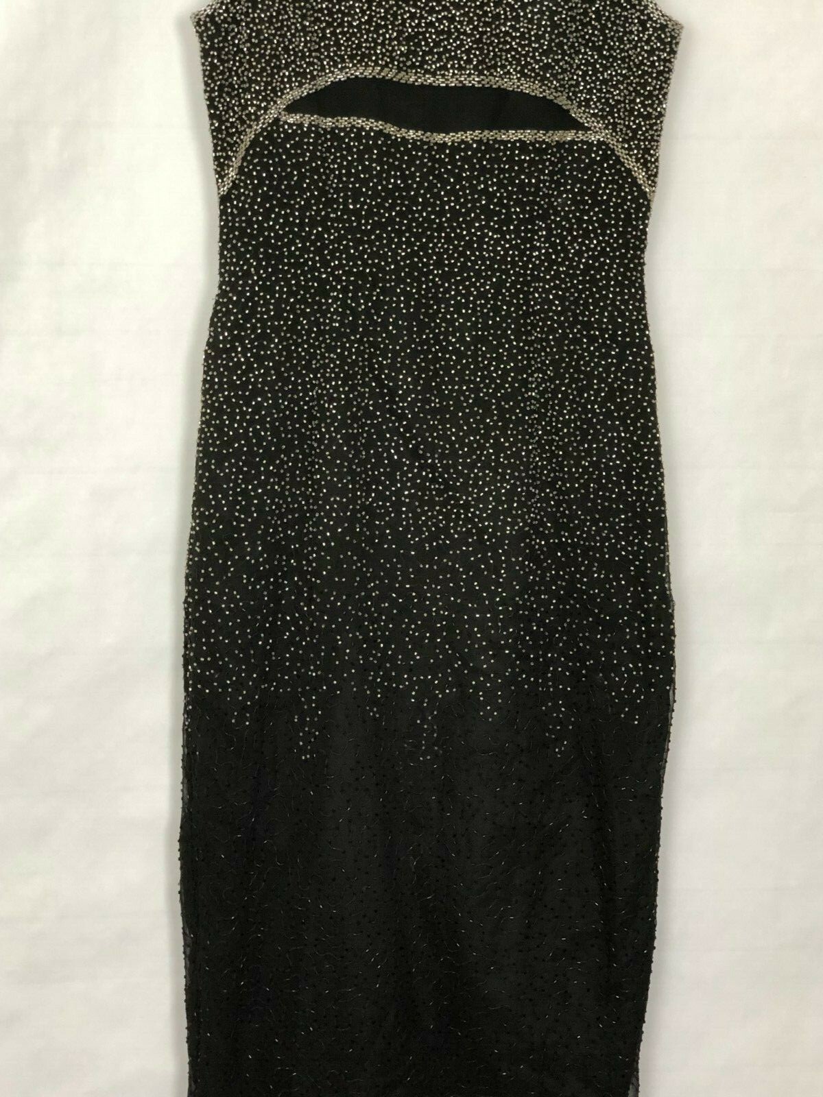 Vtg 80s Beaded Maxi Dress Evening Gown Black Silk M Glam Sparkle Romantic Goth