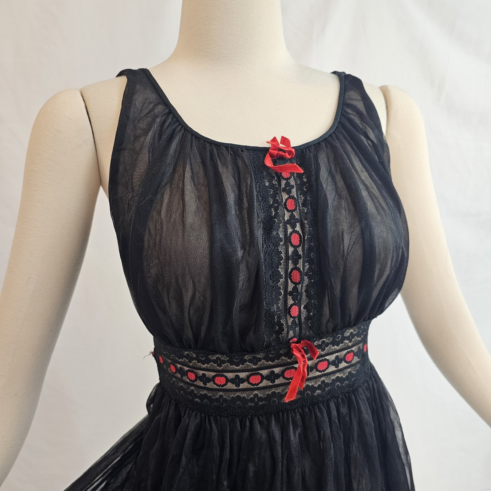 Vintage 1960s Black Lingerie Nightgown Slip Dress Red Lace Chiffon 60s Avian