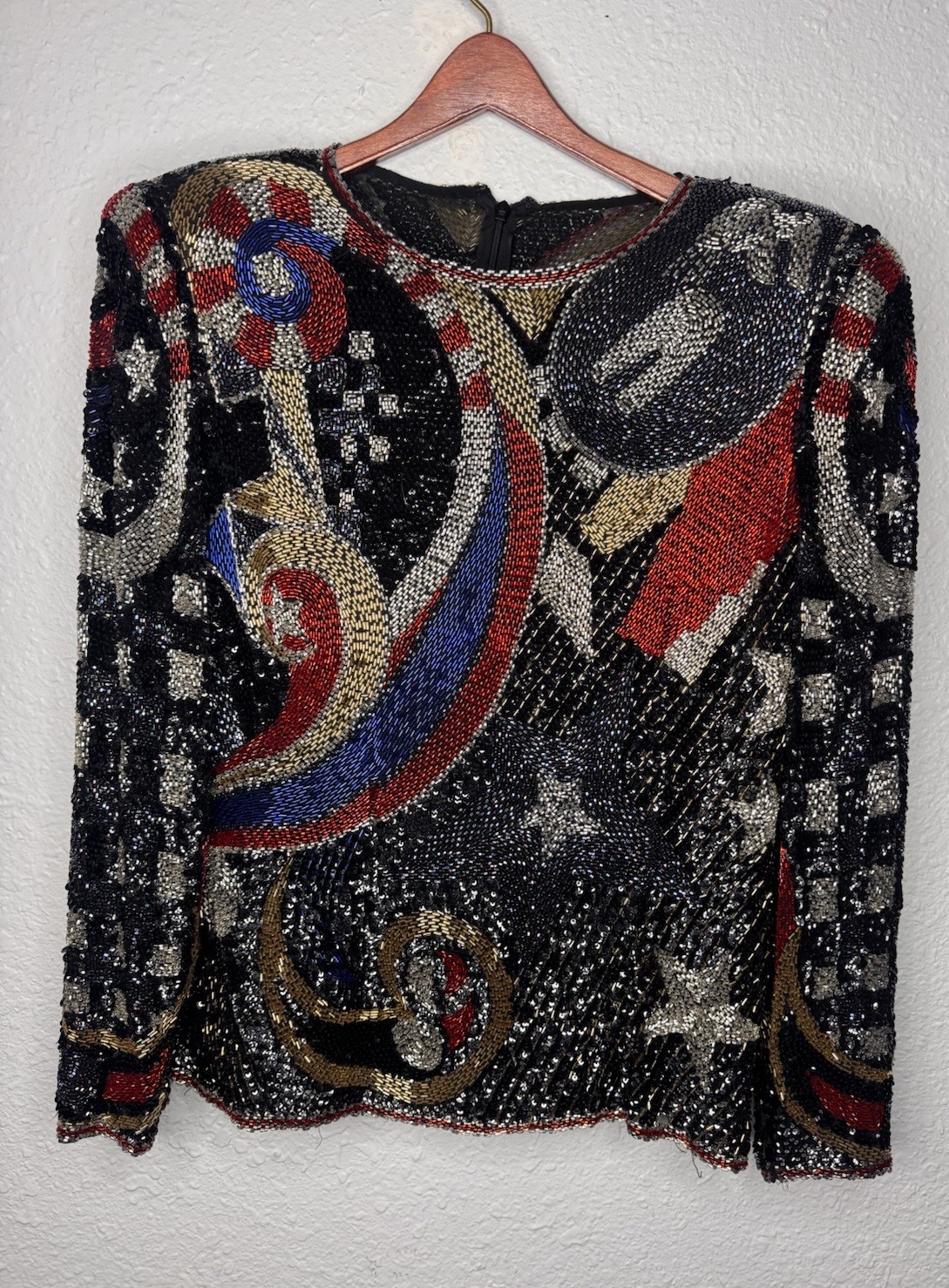 Vintage 80s Beaded Sequin Top Small Abstract Celestial Statement Shoulder Pads