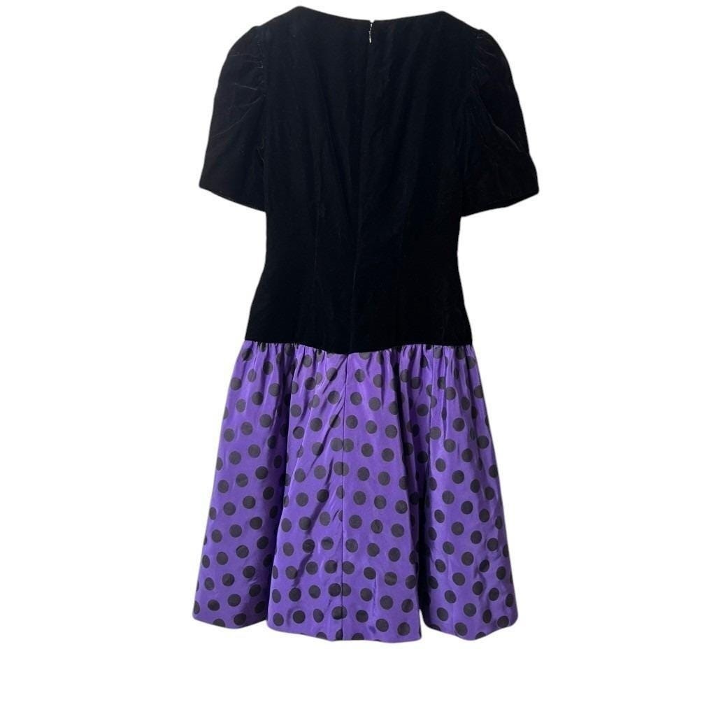 Rare VTG 1980 Arnold Scaasi Dress Black Velvet Purple Polka Dot Cocktail SZ 8