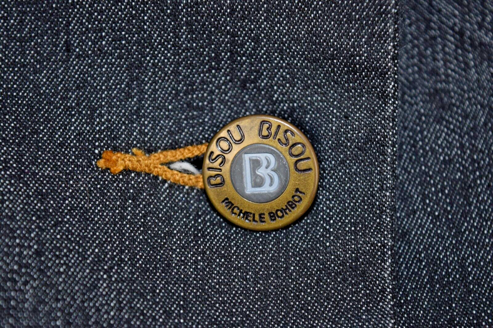Vintage Denim Blazer Jacket Bisou Bisou Size 8 90s Blue Gold Stitch Fitted