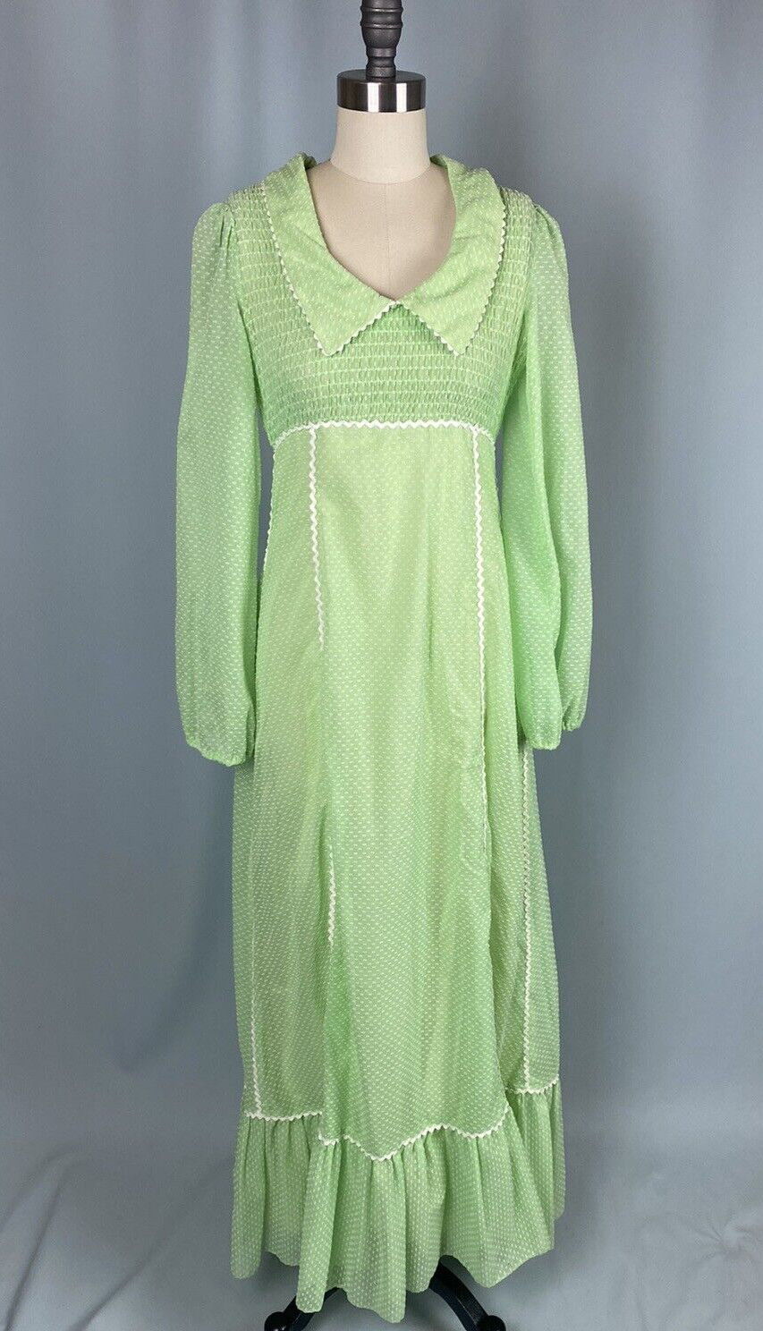 Vintage Dress CANDI JONES Size 7 lime green boho prairie maxi 60s 70s Cottage