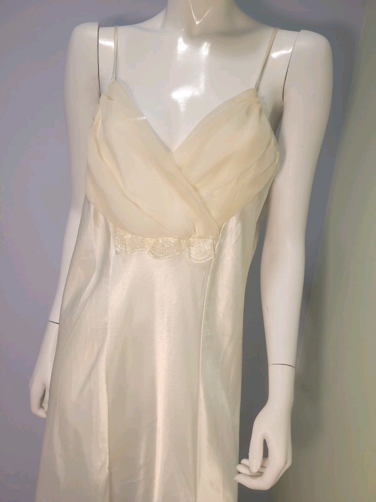 VTG Ivory Heavy Satin Slip Dress 18/20 Gown Mesh Lace Slits Old Hollywood Glam