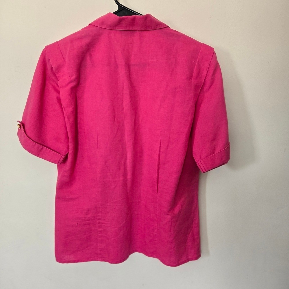 Bright Pink Gold Crown Button Blouse 80s Vintage Ramie Cotton Blend. Cuff Sleeve