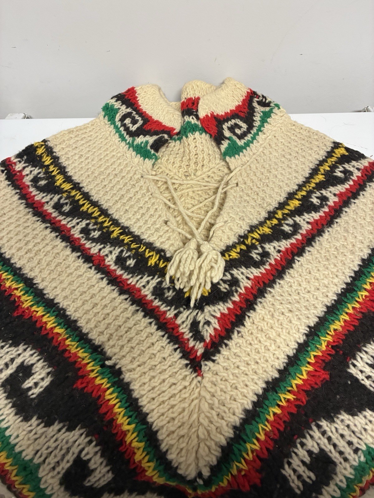 Woman’s Vintage Fringed Multi Colored Hand Knitted Poncho