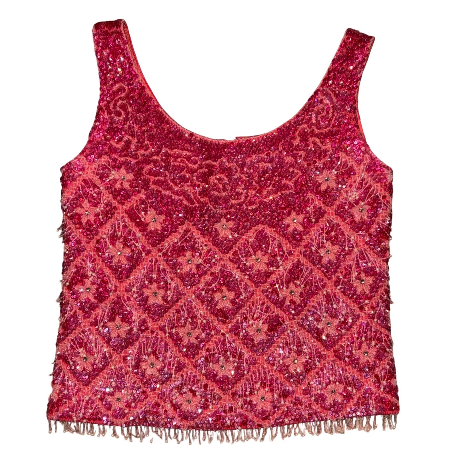 Maison Mendessolle Vintage Pink Sequin Beaded Wool Shell Top Sleeveless Fringe M