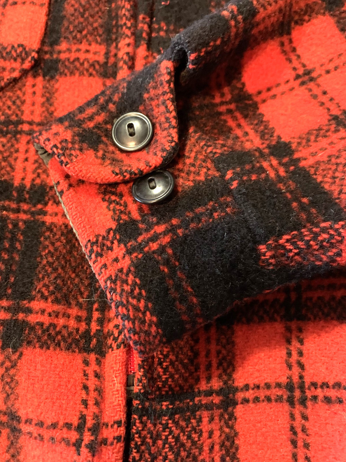VTG MELTON Red Black Plaid Zippered Jacket Coat Pockets YKK Zipper Size Large