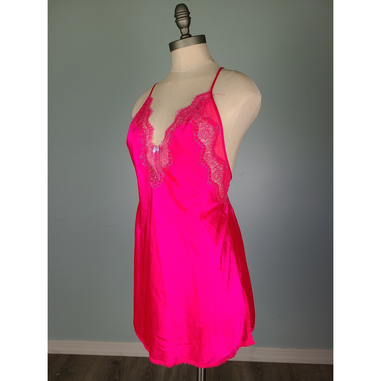 Victoria’s Secret Sz S Mini Slip Dress Hot Neon Pink Lacy Backless Y2K Bimbocore