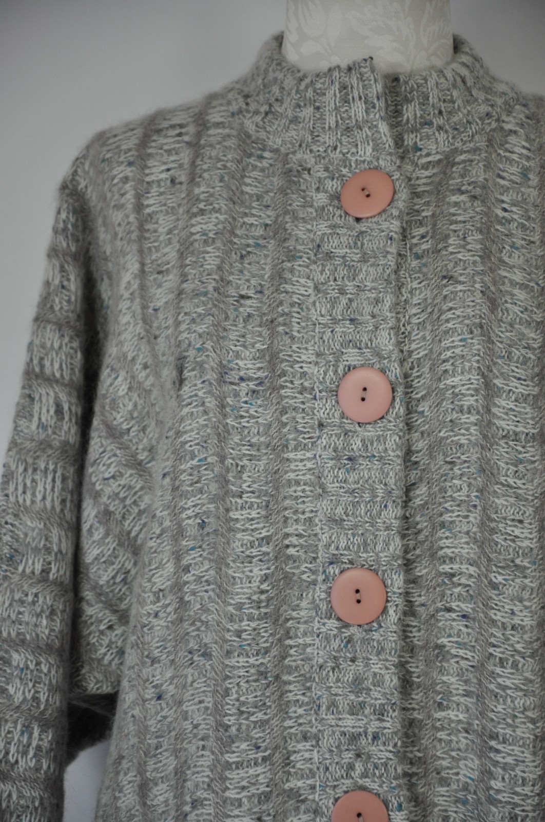 80s Vintage Gray Fuzzy Wool Mohair Buttoned Cardigan Sweater Jacket Women L XL