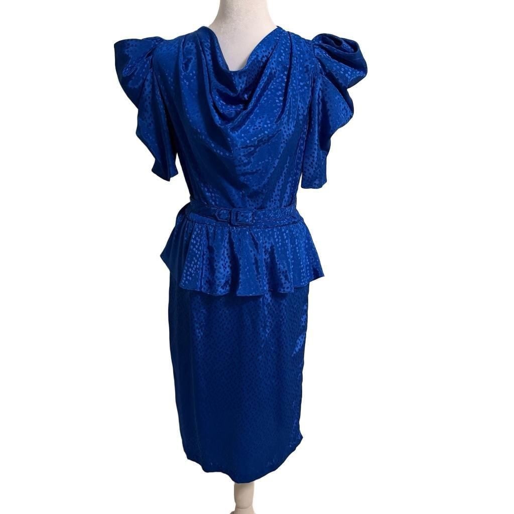 Vintage 80s Cobalt Blue Peplum Dress Puff Sleeve Textured Old Hollywood Size 5