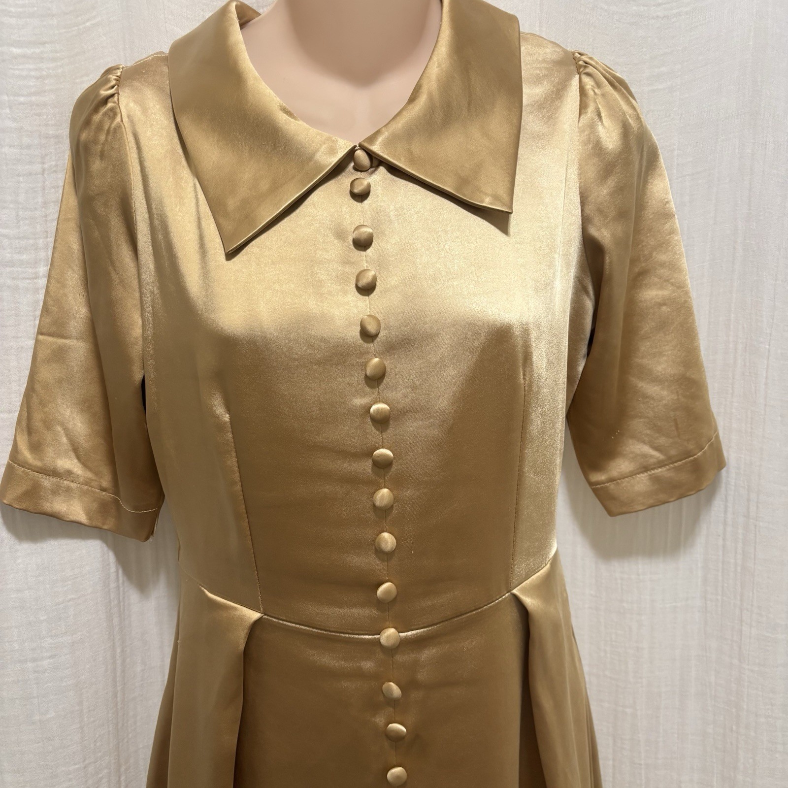 Vintage Mid-Century Gold Satin Shirtwaist Dress / Tailored Box Pleat A-Line XS