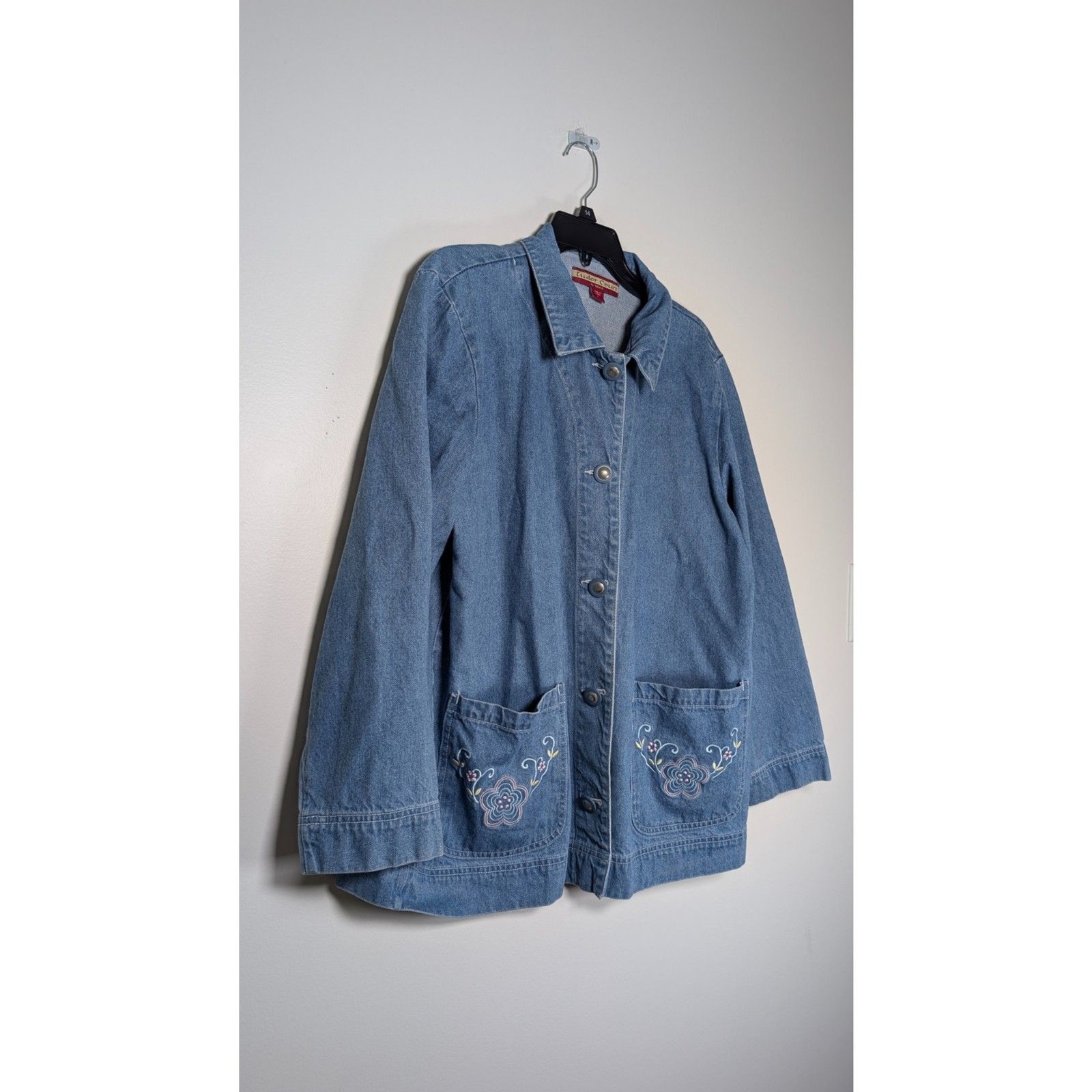 Vintage Embroidered Denim Chore Jacket Floral Cotton Cottagecore L Feminine Fall