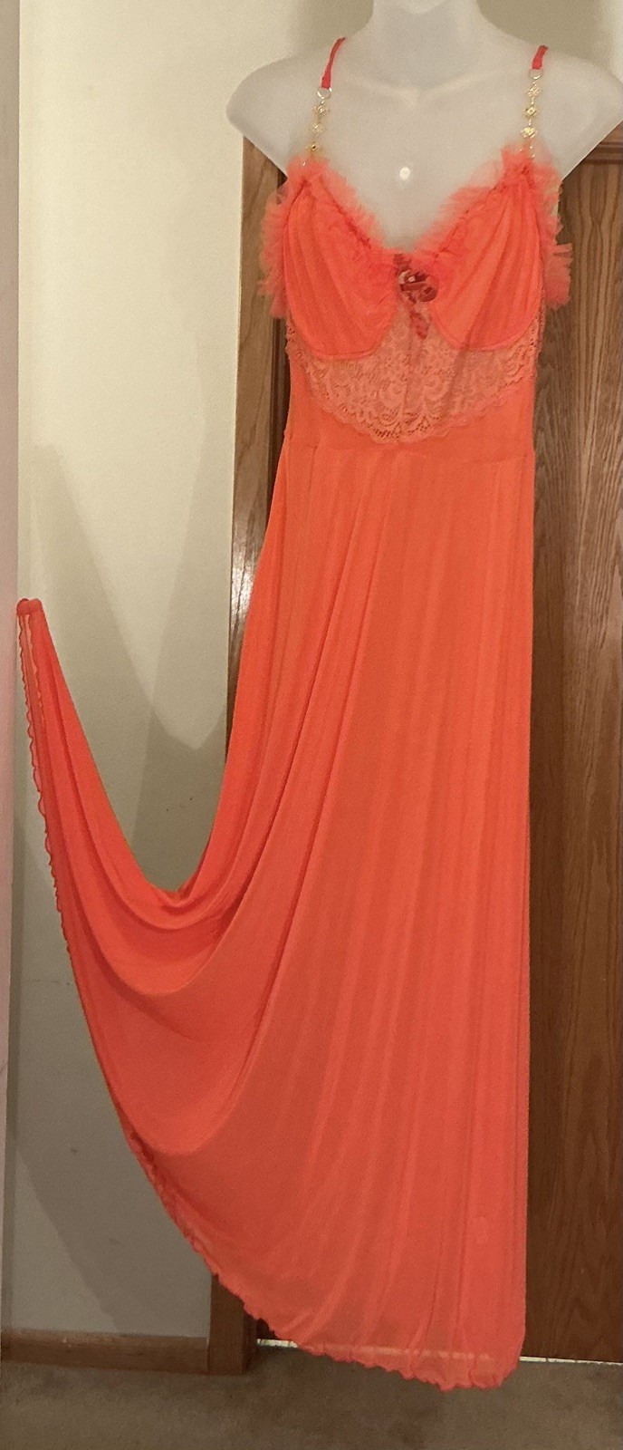 Full Sweep Orange Citron See-Through Lace FULL SHEER Chiffon Nightgown Gown L