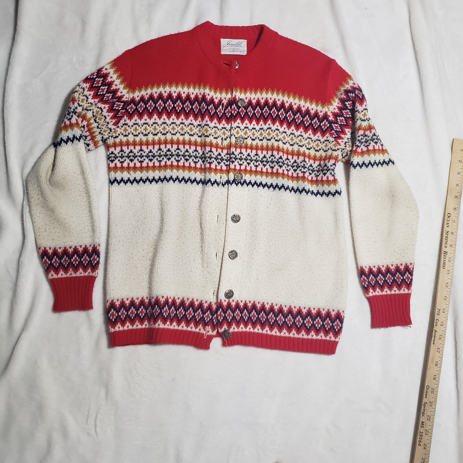 JERSILD Button Cardigan Sweater Nordic Fair Isle Women’s Acrylic USA 38 Med VTG