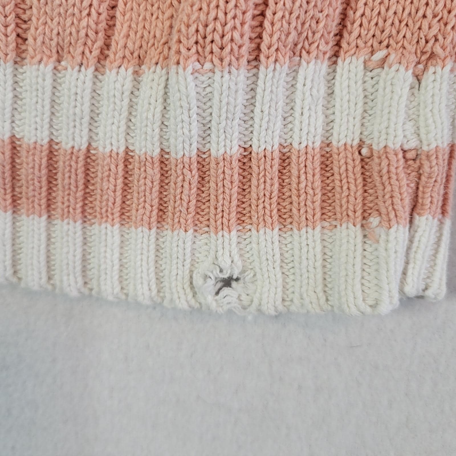 Vintage 90s Cable Knit Varsity Tennis Sweater Pink Cream Womens M Distressed
