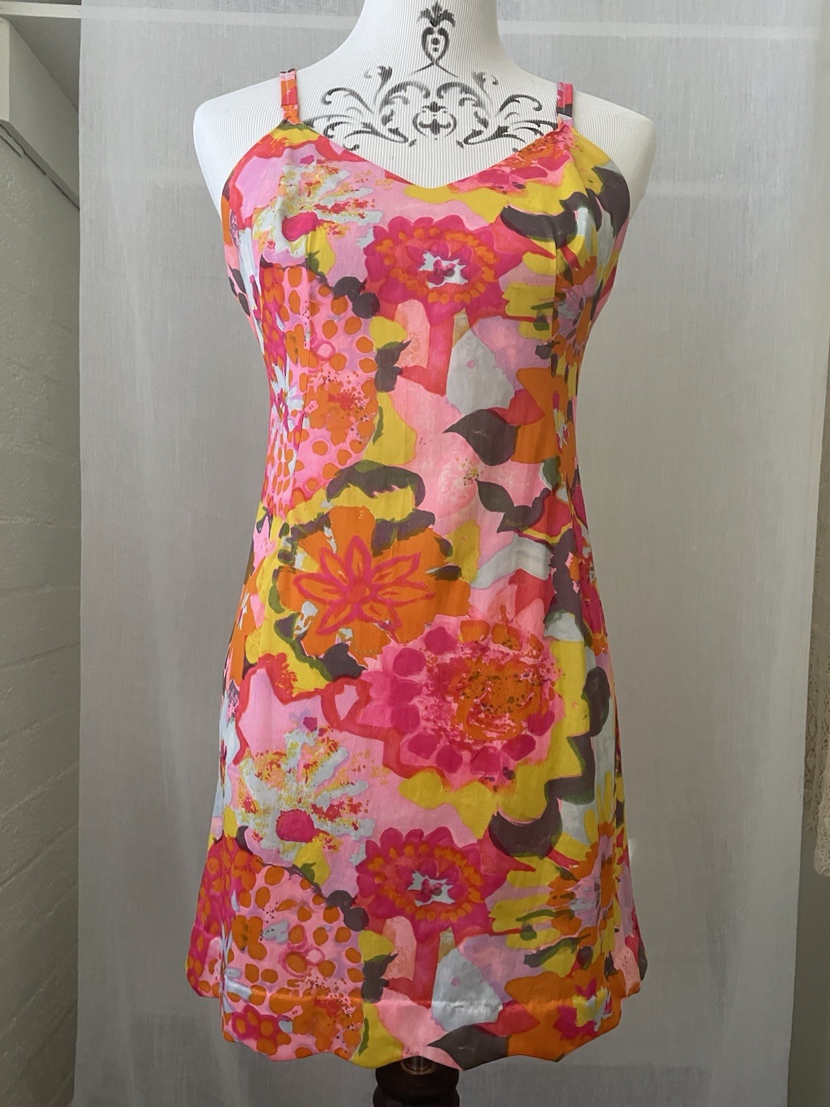 Vintage 60’s Psychedelic Slip Hot Fluorescent Pink Orange Mini Dress Floral Sz M