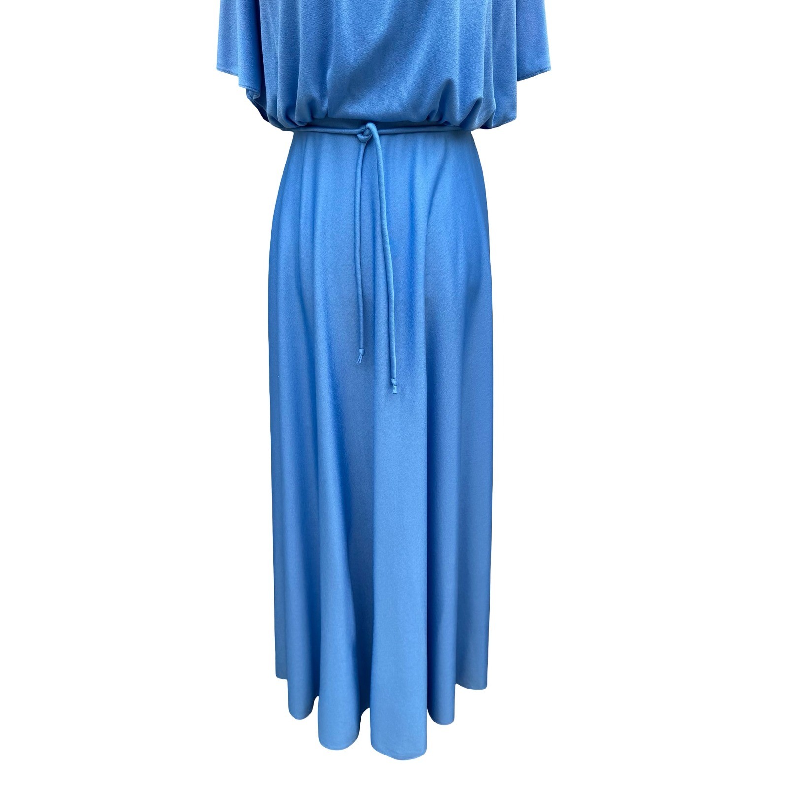 Vintage 70s Blue Mock Neck Cape Sleeve Maxi Dress Disco Gown Tie Waist Blue