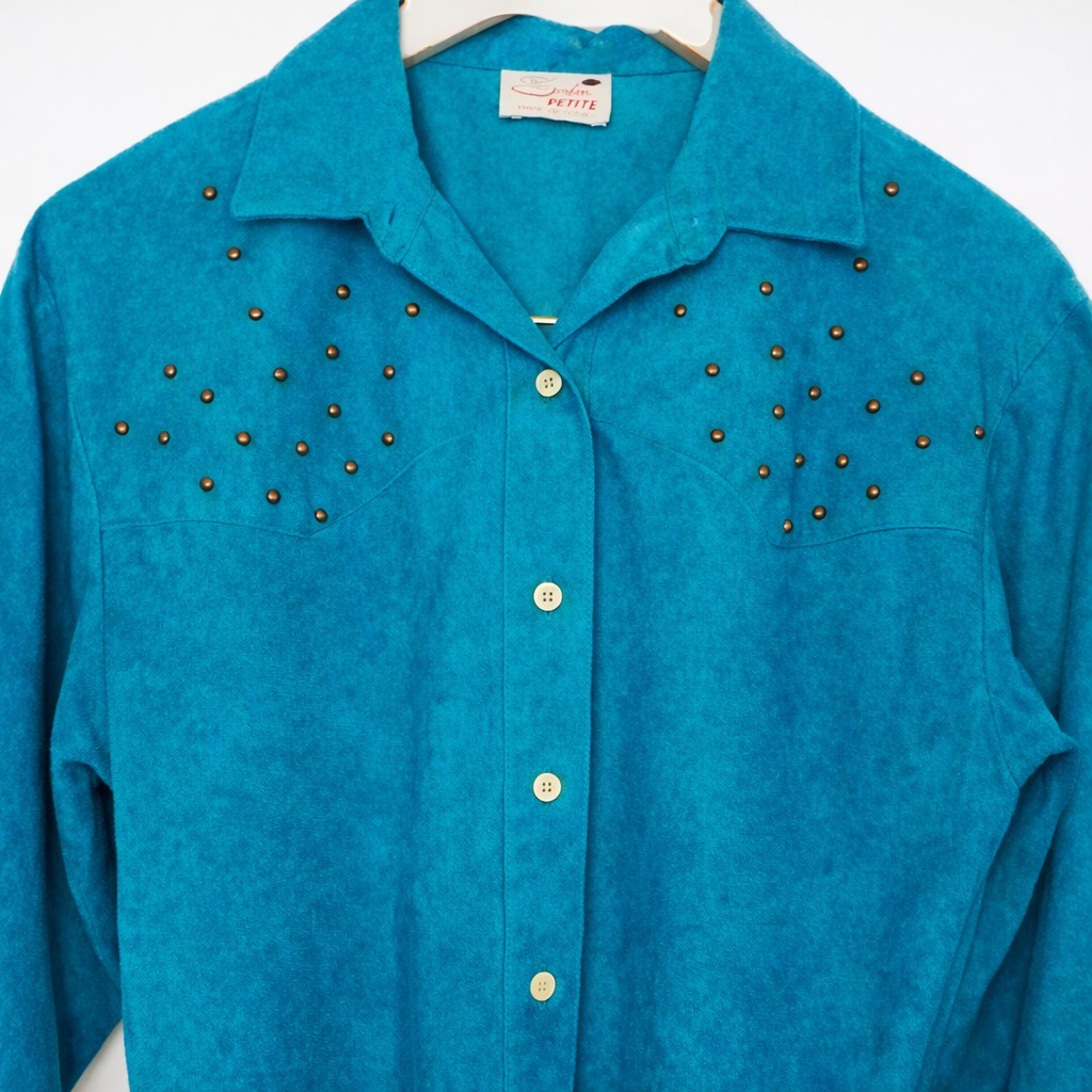 VTG Serbin PetiteM Turquoise Western Glam Studded Blouse USA Santa Fe Rodeo Boho