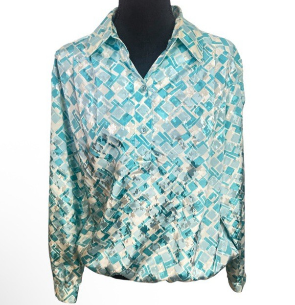 Vintage Da-Rue of California Blouse Sz 16 Elastic Waist 70s Silky Jacquard Shiny