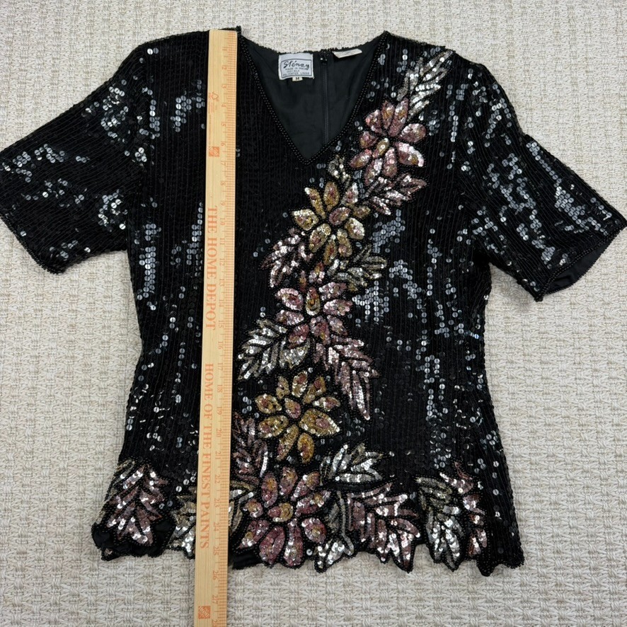 VTG Stenay Women Silk Sequin Top M Black Floral Beaded Party Glam