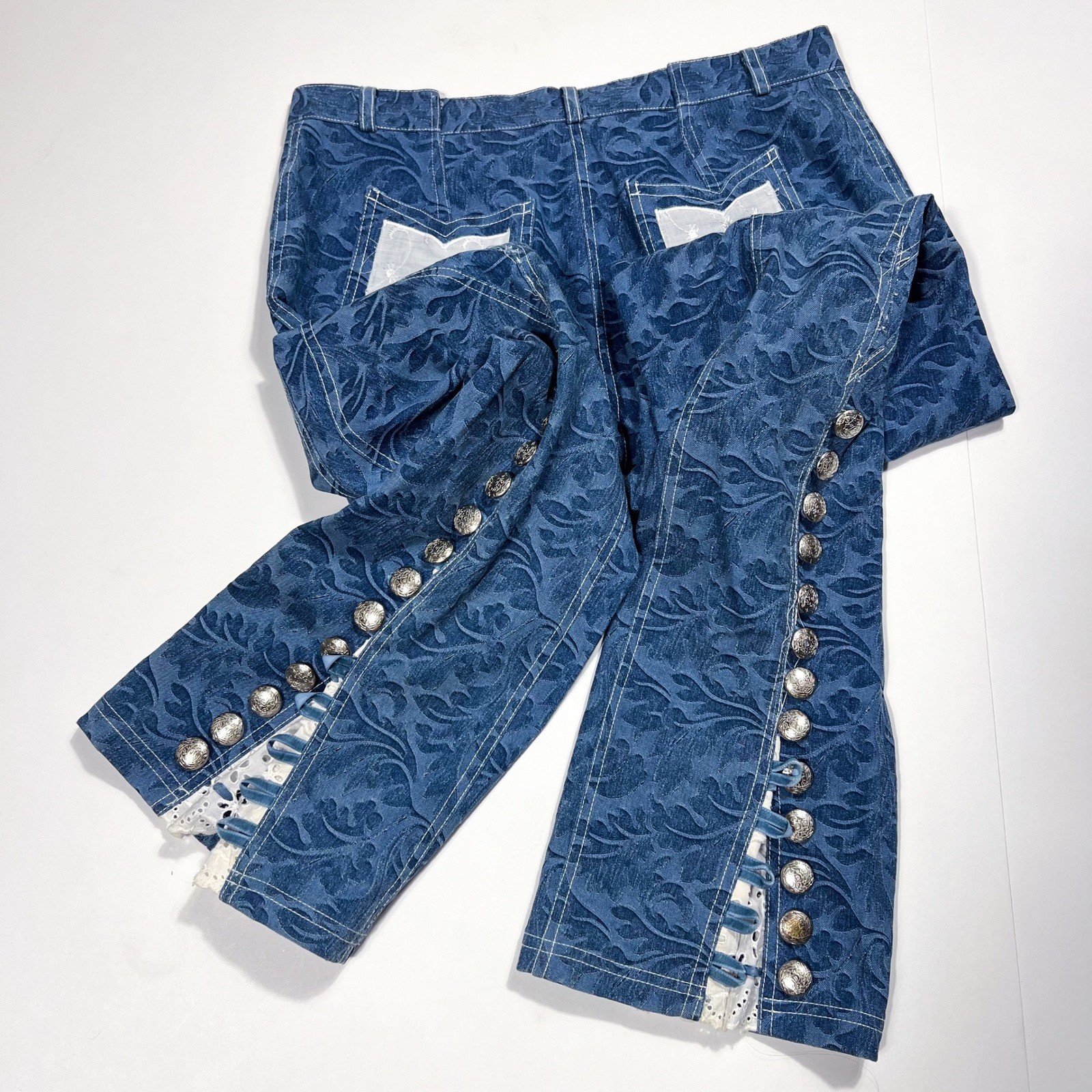 Vintage Dekers Paris Flared Brocade Pants Blue Floral Lace Button Hem