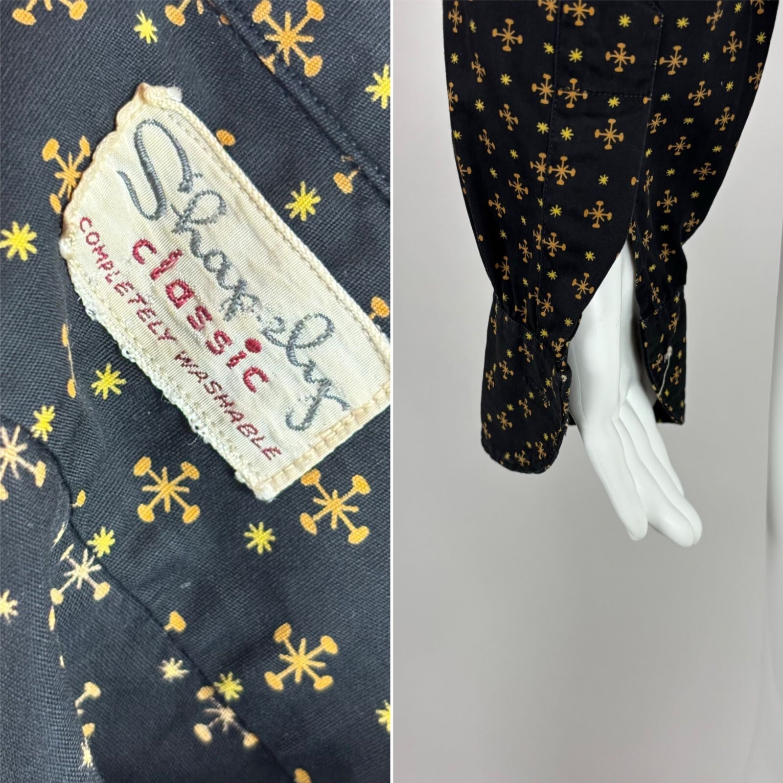 Vintage 50s Novelty Blouse Women’s Small Starburst Stars Print Black Yellow Top