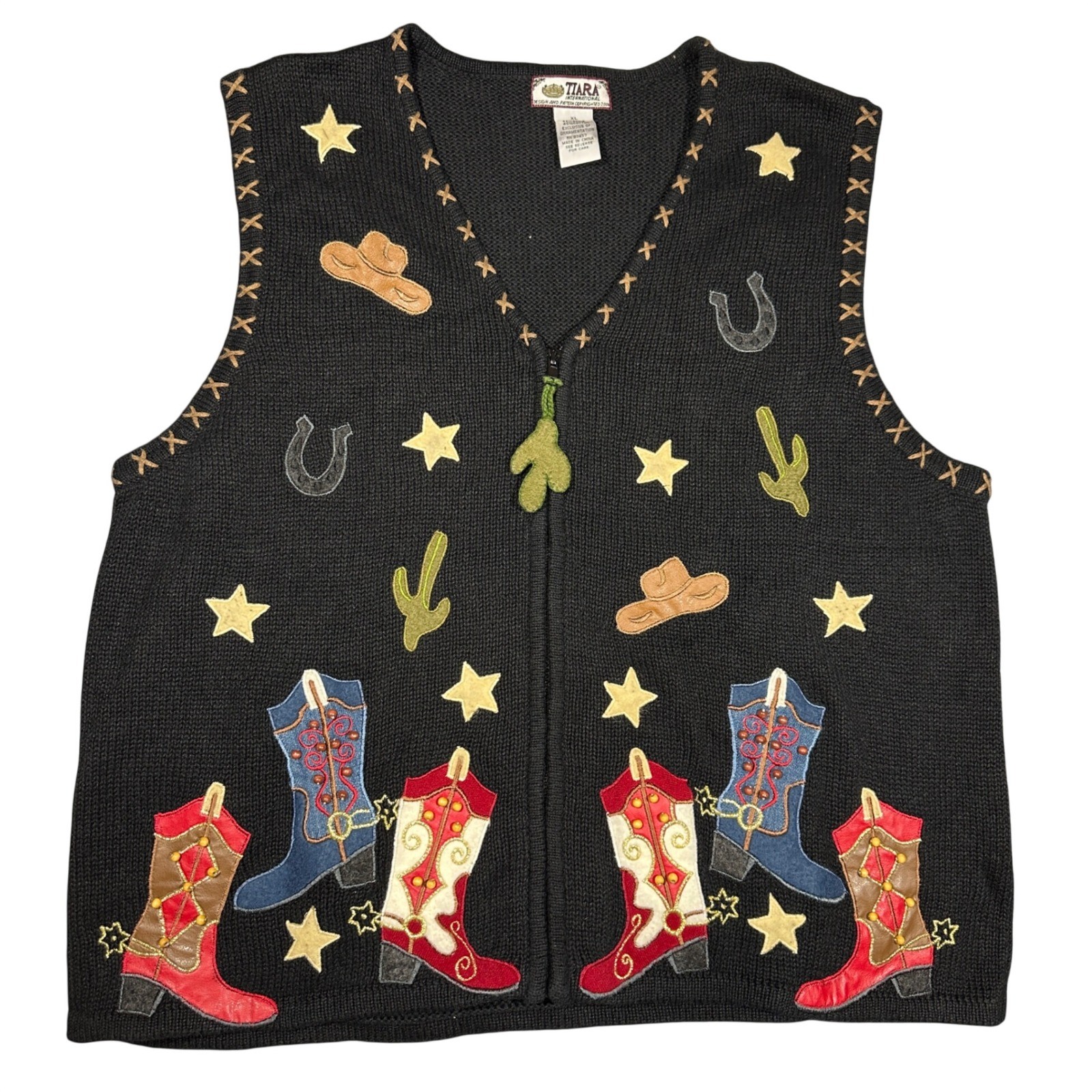 Vintage Tiara International Western Cowboy Boot Beaded Sweater Vest Black XL