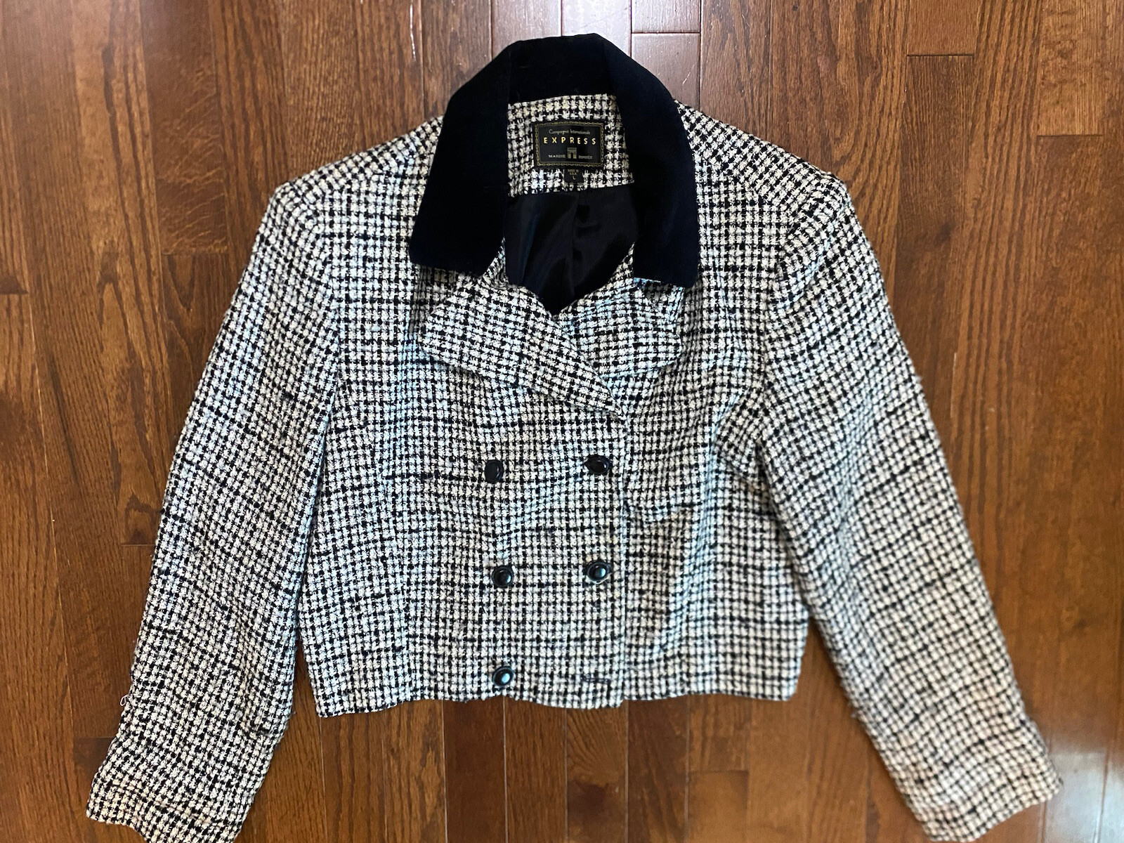 Vintage Express Boulce Black & White Plaid Crop Jacket L Velvet Clueless Preppy
